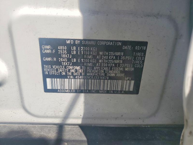 53404786 :رقم المزاد ، 4S4BSENC8J3316678 vin ، 2018 Subaru Outback مزاد بيع