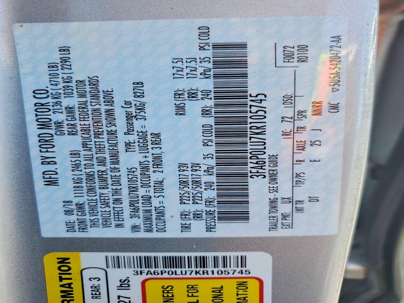 2019 Ford Fusion მანქანა იყიდება აუქციონზე, vin: 3FA6P0LU7KR105745, აუქციონის ნომერი: 53232216
