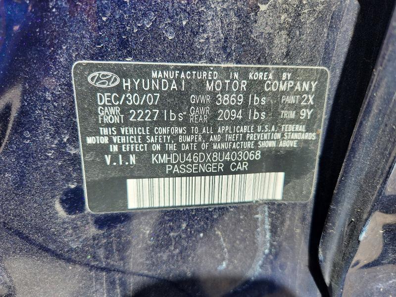 53087566 :رقم المزاد ، KMHDU46DX8U403068 vin ، 2008 Hyundai Elantra مزاد بيع