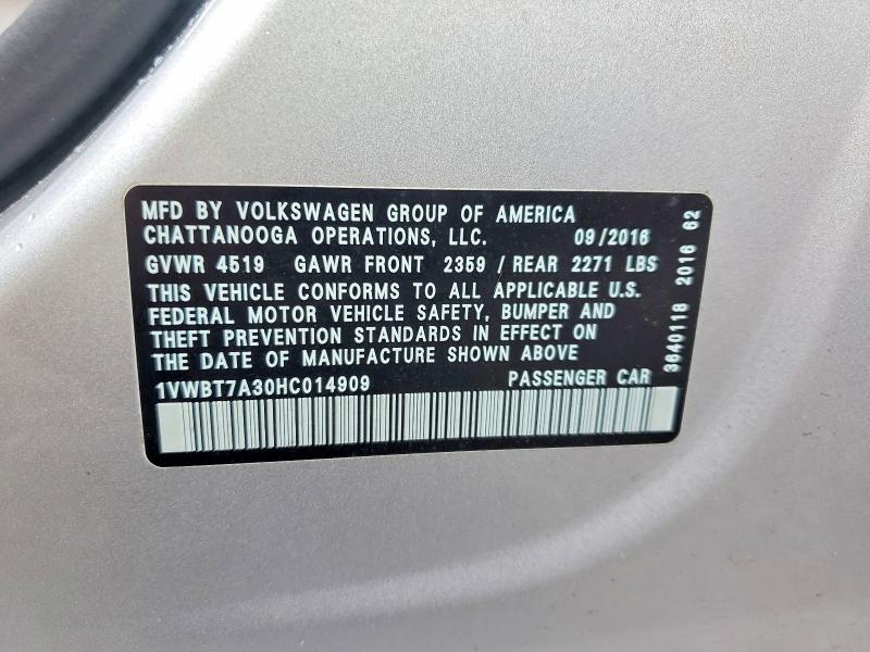 2017 Volkswagen Passat მანქანა იყიდება აუქციონზე, vin: 1VWBT7A30HC014909, აუქციონის ნომერი: 53737056