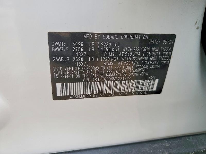 52885286 :رقم المزاد ، 4S4BTGPD5M3224334 vin ، 2021 Subaru Outback مزاد بيع