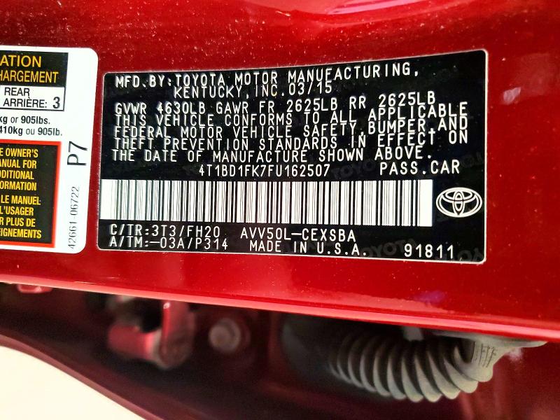 53023036 :رقم المزاد ، 4T1BD1FK7FU162507 vin ، 2015 Toyota Camry Hybrid مزاد بيع