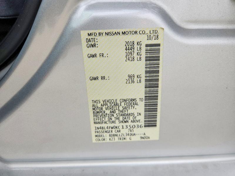Aukcja sprzedaży 2019 Nissan Altima, vin: 1N4BL4FW0KC135036, numer aukcji: 53630436
