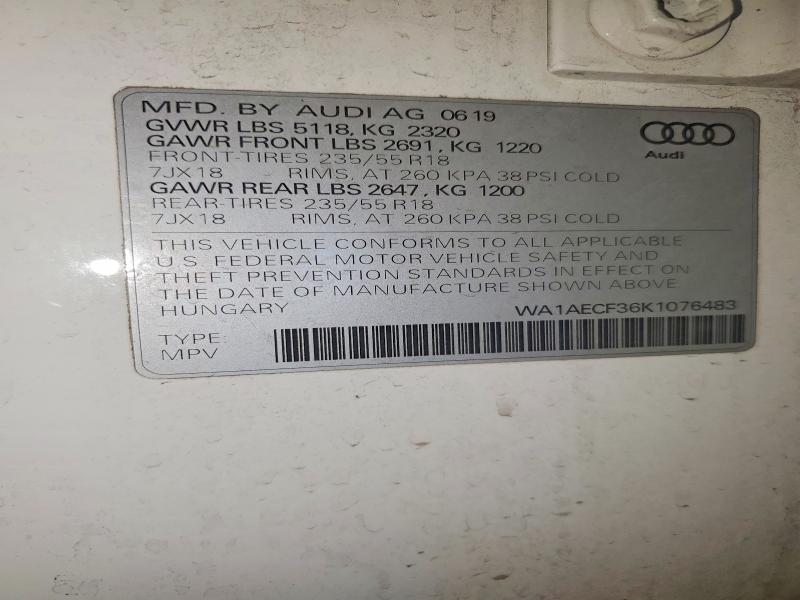 53026516 :رقم المزاد ، WA1AECF36K1076483 vin ، 2019 Audi Q3 مزاد بيع