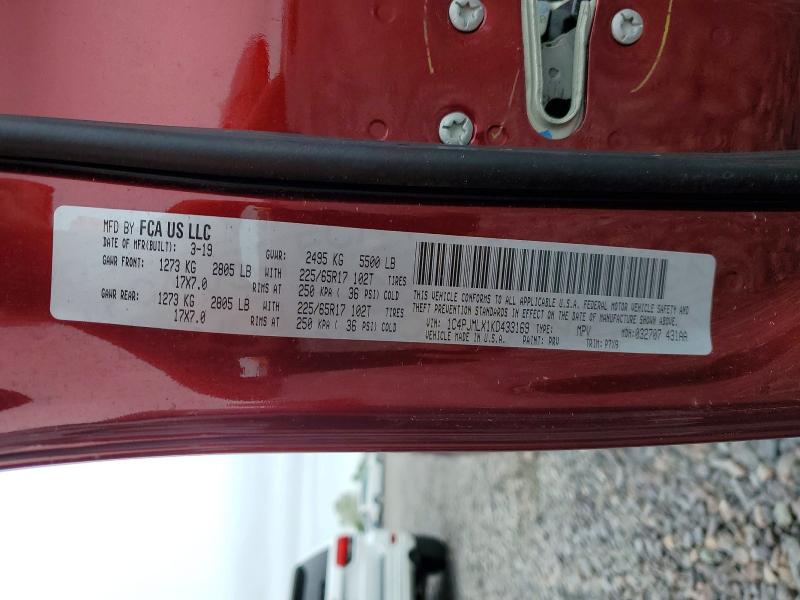 53750136 :رقم المزاد ، 1C4PJMLX1KD433169 vin ، 2019 Jeep Cherokee مزاد بيع