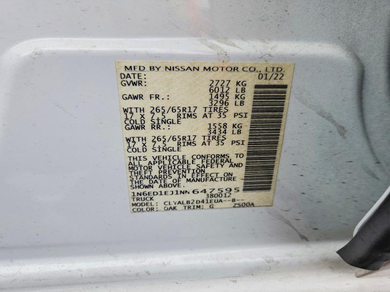 Auction sale of the 2022 Nissan Frontier, vin: 1N6ED1EJ1NN647595, lot number: 54075996