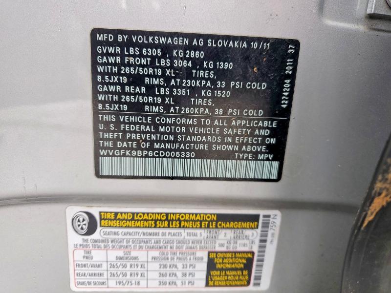 55229316 :رقم المزاد ، WVGFK9BP6CD005330 vin ، 2012 Volkswagen Touareg مزاد بيع