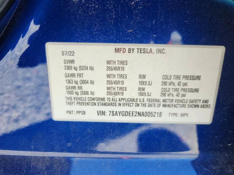 Продажа на аукционе авто 2022 Tesla Model Y, vin: 7SAYGDEE2NA005218, номер лота: 52651026