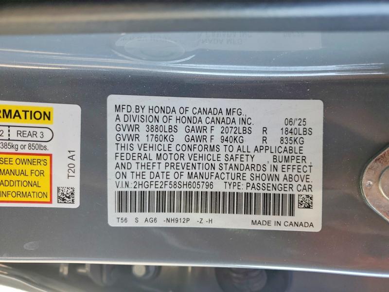 51961886 :رقم المزاد ، 2HGFE2F58SH605796 vin ، 2025 Honda Civic مزاد بيع