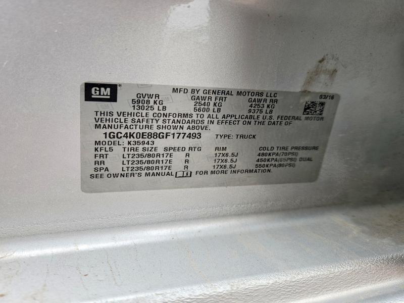 2016 Chevrolet Silverado მანქანა იყიდება აუქციონზე, vin: 1GC4K0E88GF177493, აუქციონის ნომერი: 55086876