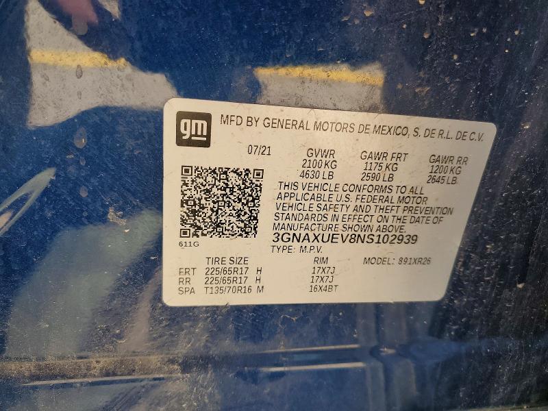 Aukcja sprzedaży 2022 Chevrolet Equinox, vin: 3GNAXUEV8NS102939, numer aukcji: 53223156