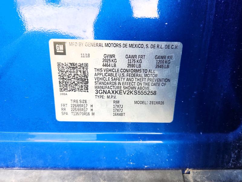 52079096 :رقم المزاد ، 3GNAXKEV2KS555258 vin ، 2019 Chevrolet Equinox مزاد بيع
