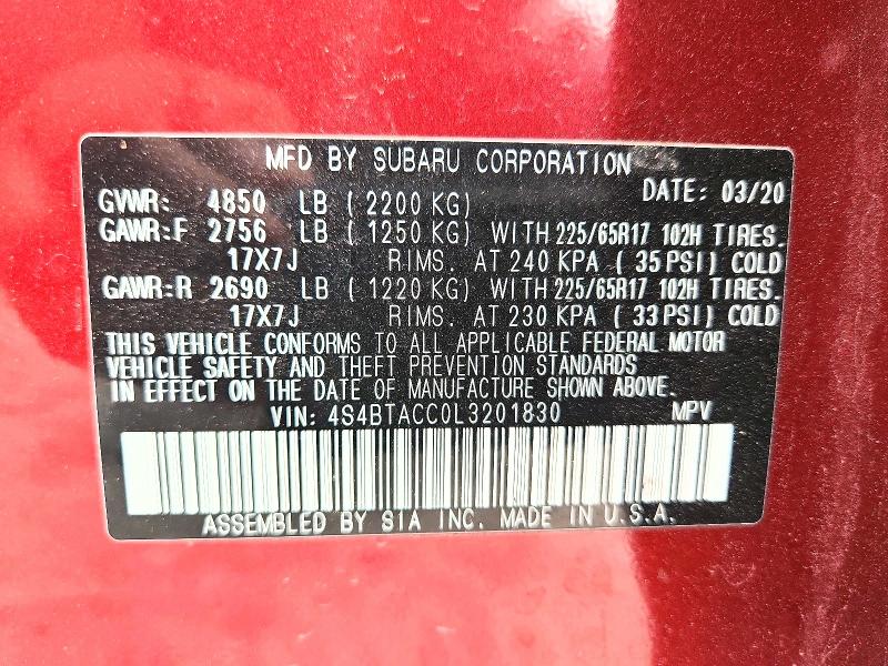 Продаж на аукціоні авто 2020 Subaru Outback, vin: 4S4BTACC0L3201830, номер лоту: 54506076