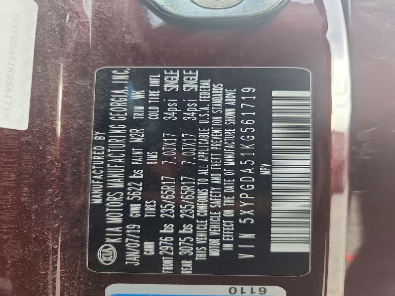 52742056 :رقم المزاد ، 5XYPGDA51KG561719 vin ، 2019 Kia Sorento مزاد بيع