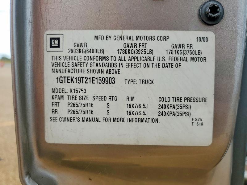 Aukcja sprzedaży 2001 Gmc New Sierra, vin: 1GTEK19T21E159903, numer aukcji: 54229466