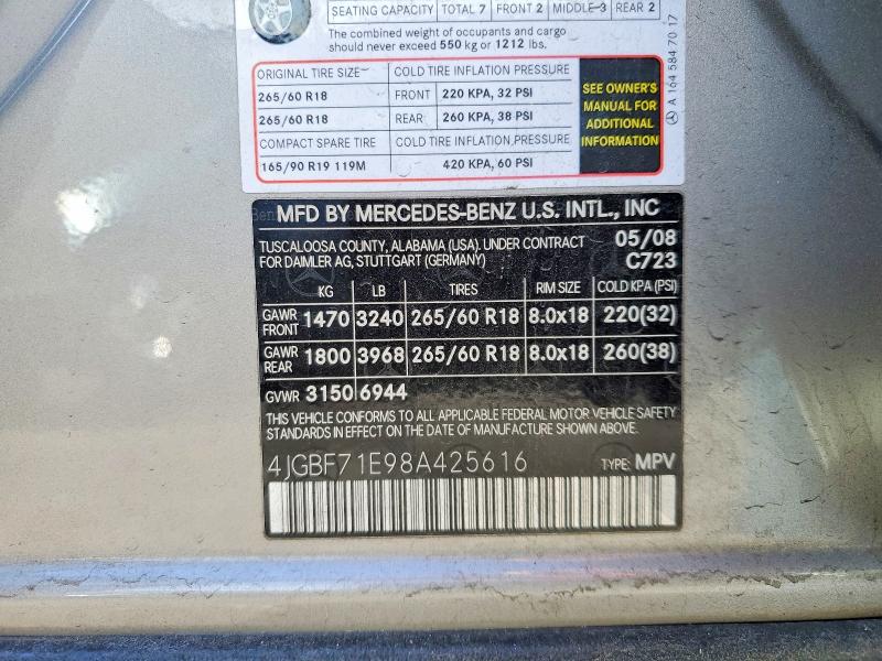 52876856 :رقم المزاد ، 4JGBF71E98A425616 vin ، 2008 Mercedes-benz Gl مزاد بيع