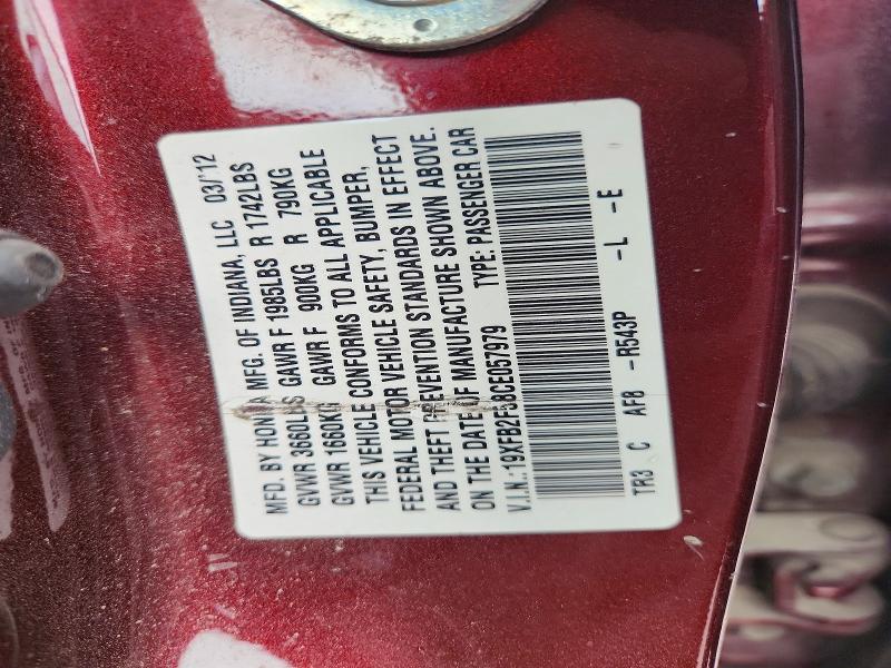 53918386 :رقم المزاد ، 19XFB2F58CE057979 vin ، 2012 Honda Civic مزاد بيع