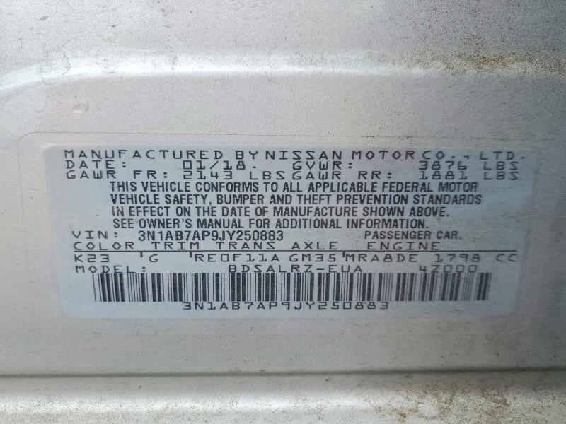 2018 Nissan Sentra მანქანა იყიდება აუქციონზე, vin: 3N1AB7AP9JY250883, აუქციონის ნომერი: 54630466