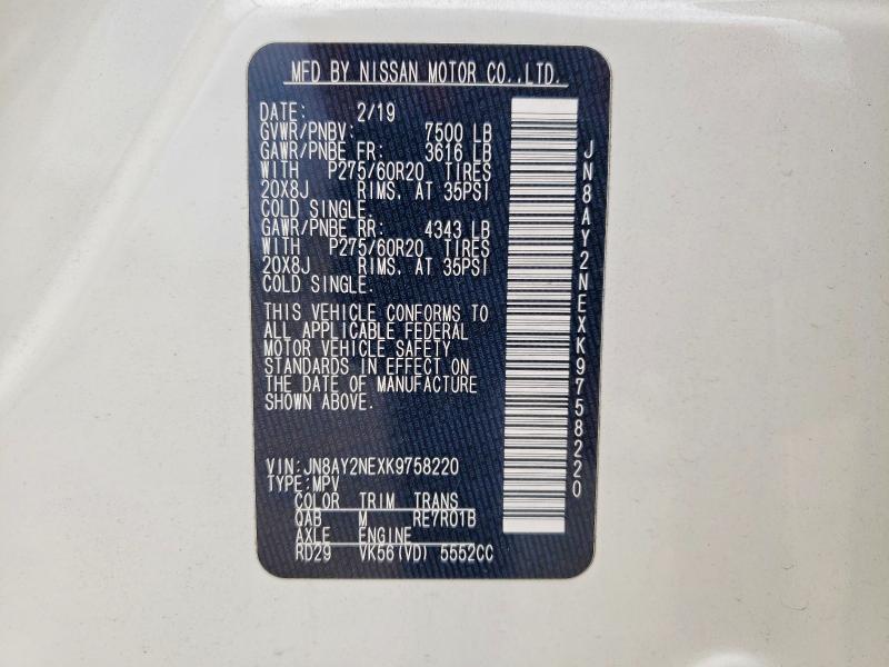 Aukcja sprzedaży 2019 Nissan Armada, vin: JN8AY2NEXK9758220, numer aukcji: 55038206