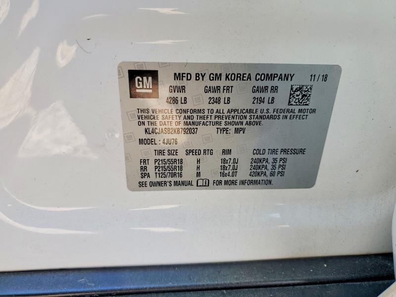 2019 Buick Encore მანქანა იყიდება აუქციონზე, vin: KL4CJASB2KB792037, აუქციონის ნომერი: 54260046