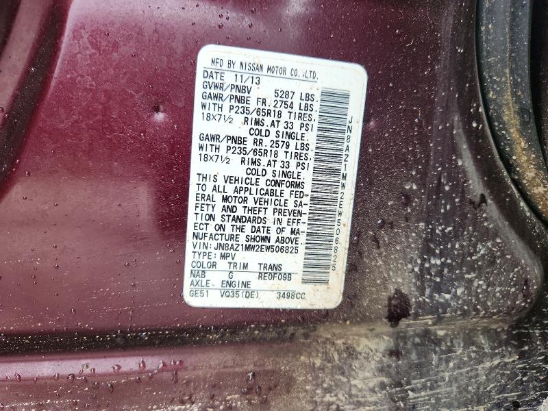 2014 Nissan Murano მანქანა იყიდება აუქციონზე, vin: JN8AZ1MW2EW506825, აუქციონის ნომერი: 54992226