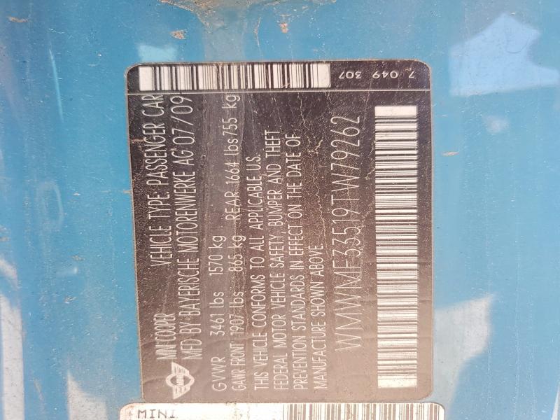 Продаж на аукціоні авто 2009 Mini Cooper, vin: WMWMF33519TW79262, номер лоту: 54173546
