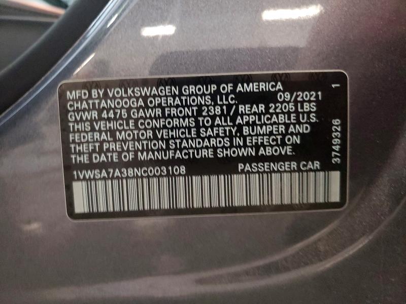 53034846 :رقم المزاد ، 1VWSA7A38NC003108 vin ، 2022 Volkswagen Passat مزاد بيع