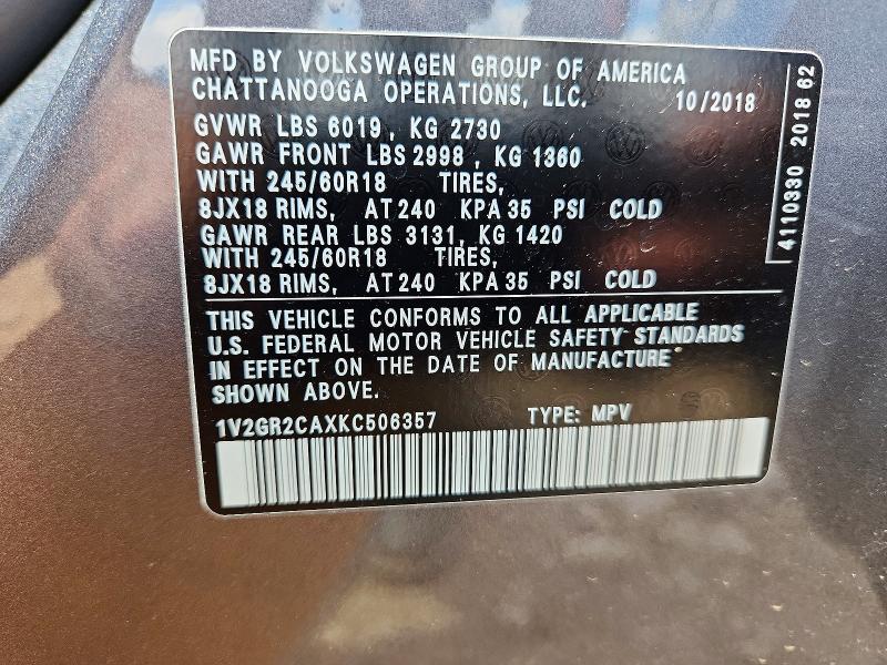 Aukcja sprzedaży 2019 Volkswagen Atlas, vin: 1V2GR2CAXKC506357, numer aukcji: 55324986