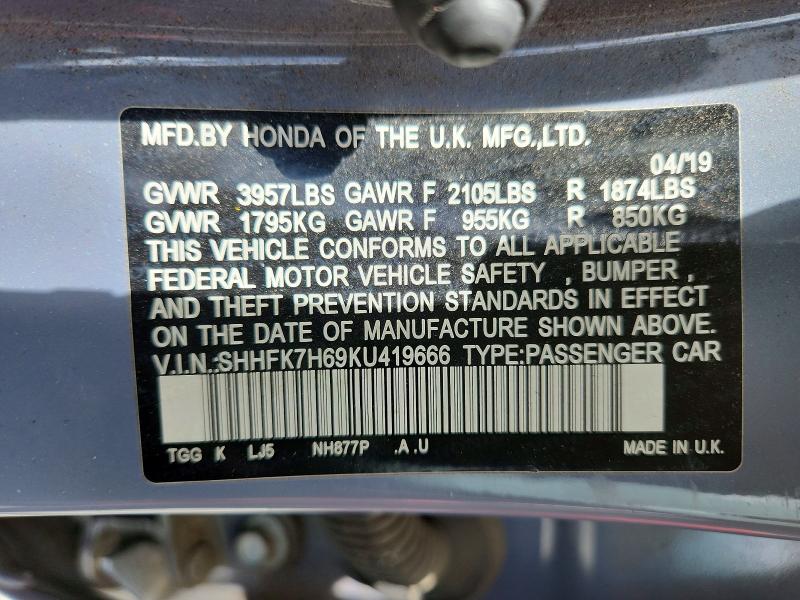 Продажа на аукционе авто 2019 Honda Civic, vin: SHHFK7H69KU419666, номер лота: 52407256