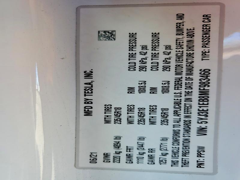 Aukcja sprzedaży 2021 Tesla Model 3, vin: 5YJ3E1EB8MF983466, numer aukcji: 52135336