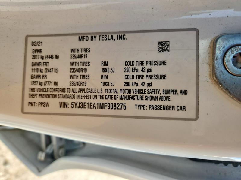 2021 Tesla Model 3 მანქანა იყიდება აუქციონზე, vin: 5YJ3E1EA1MF908275, აუქციონის ნომერი: 52645016