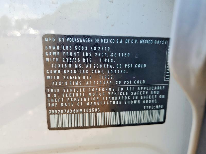 Aukcja sprzedaży 2022 Volkswagen Tiguan, vin: 3VV2B7AX6NM169503, numer aukcji: 52737296