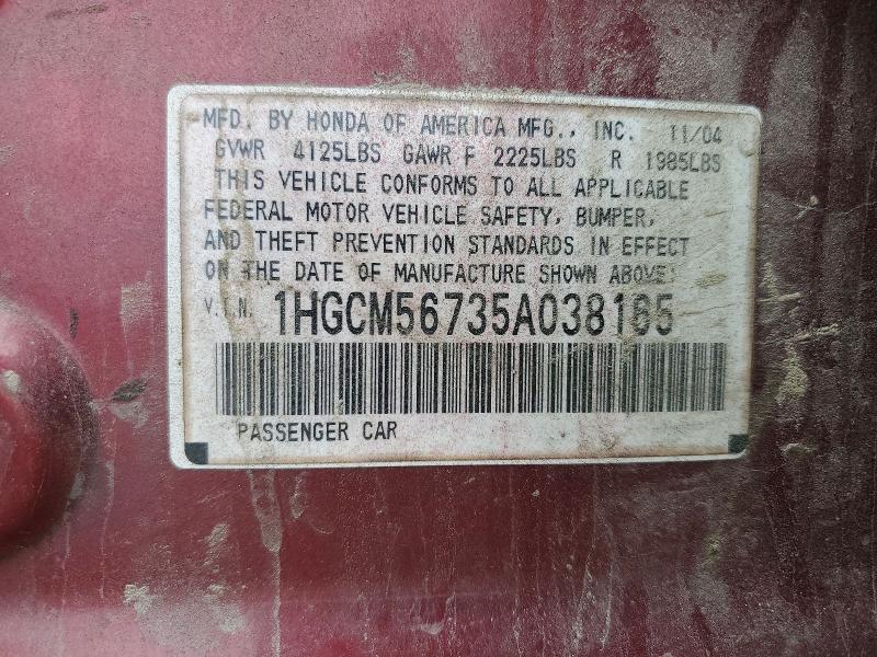 Aukcja sprzedaży 2005 Honda Accord, vin: 1HGCM56735A038165, numer aukcji: 52662416