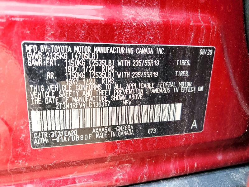 53791436 :رقم المزاد ، 2T3N1RFV4LC136367 vin ، 2020 Toyota Rav4 مزاد بيع