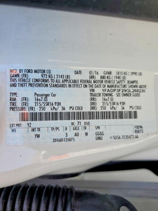 Продаж на аукціоні авто 2016 Ford Focus, vin: 1FADP3F29GL268230, номер лоту: 54647716