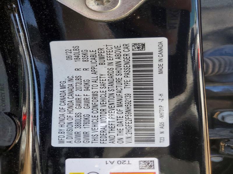 Продажа на аукционе авто 2022 Honda Civic, vin: 2HGFE2F59NH592139, номер лота: 52820456