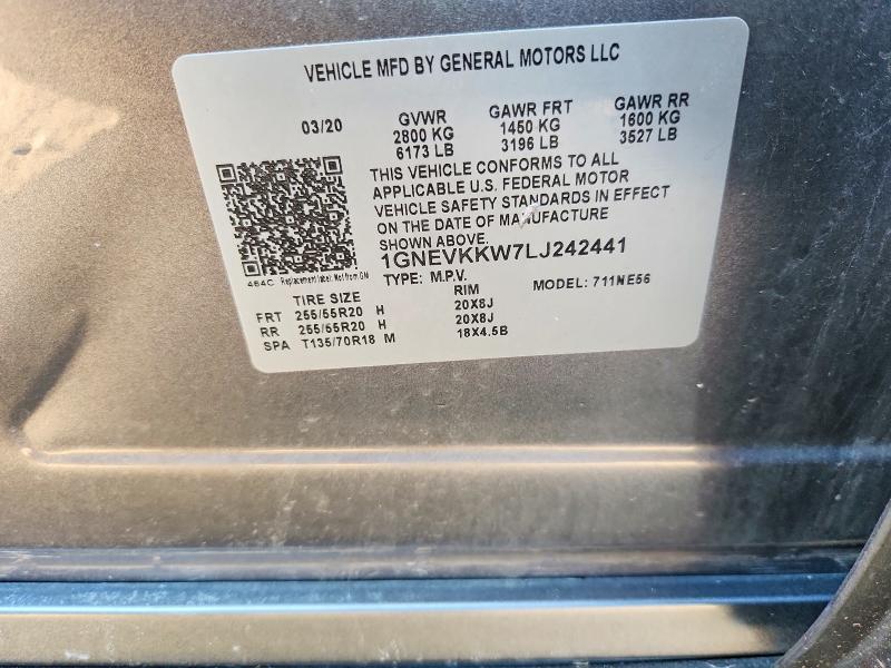 53718616 :رقم المزاد ، 1GNEVKKW7LJ242441 vin ، 2020 Chevrolet Traverse مزاد بيع