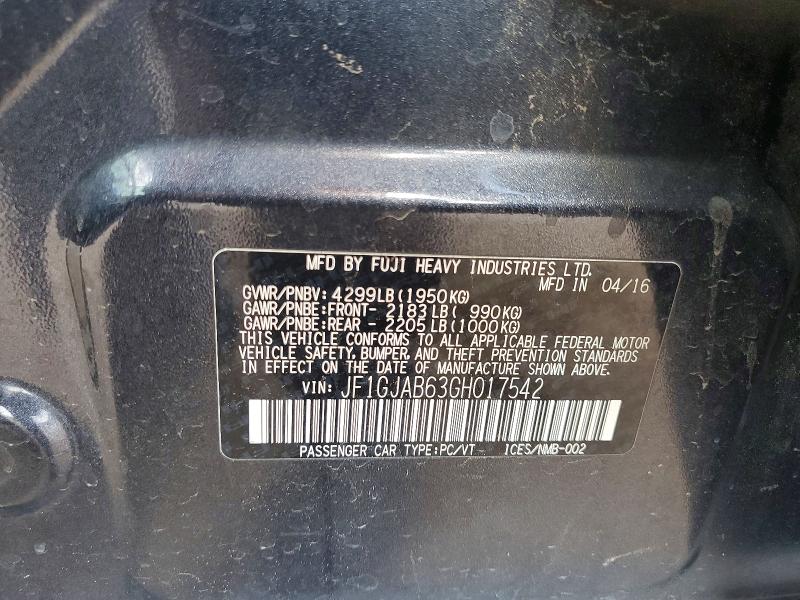 2016 Subaru Impreza მანქანა იყიდება აუქციონზე, vin: JF1GJAB63GH017542, აუქციონის ნომერი: 51521786