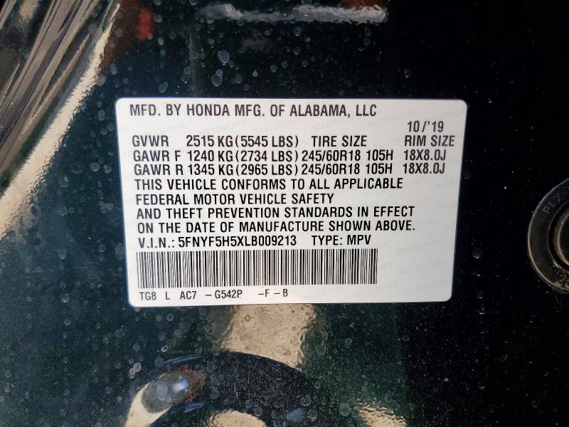 52003646 :رقم المزاد ، 5FNYF5H5XLB009213 vin ، 2020 Honda Pilot مزاد بيع
