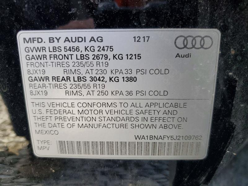 2018 Audi Q5 მანქანა იყიდება აუქციონზე, vin: WA1BNAFY5J2109762, აუქციონის ნომერი: 52662876