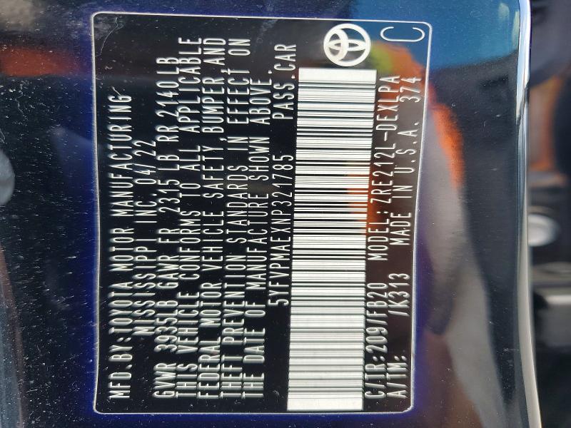 Aukcja sprzedaży 2022 Toyota Corolla, vin: 5YFVPMAEXNP321785, numer aukcji: 53567816