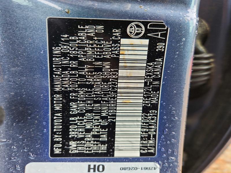 52528876 :رقم المزاد ، 2T1BURHE9FC237831 vin ، 2015 Toyota Corolla مزاد بيع
