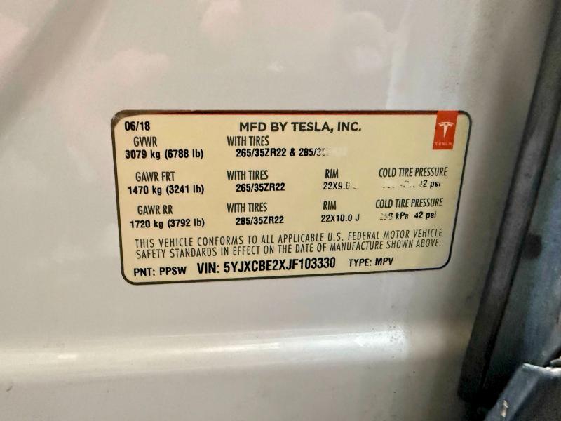 54701946 :رقم المزاد ، 5YJXCBE2XJF103330 vin ، 2018 Tesla Model X مزاد بيع