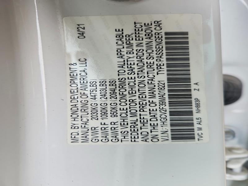 Aukcja sprzedaży 2021 Honda Accord, vin: 1HGCV2F39MA018221, numer aukcji: 53389136