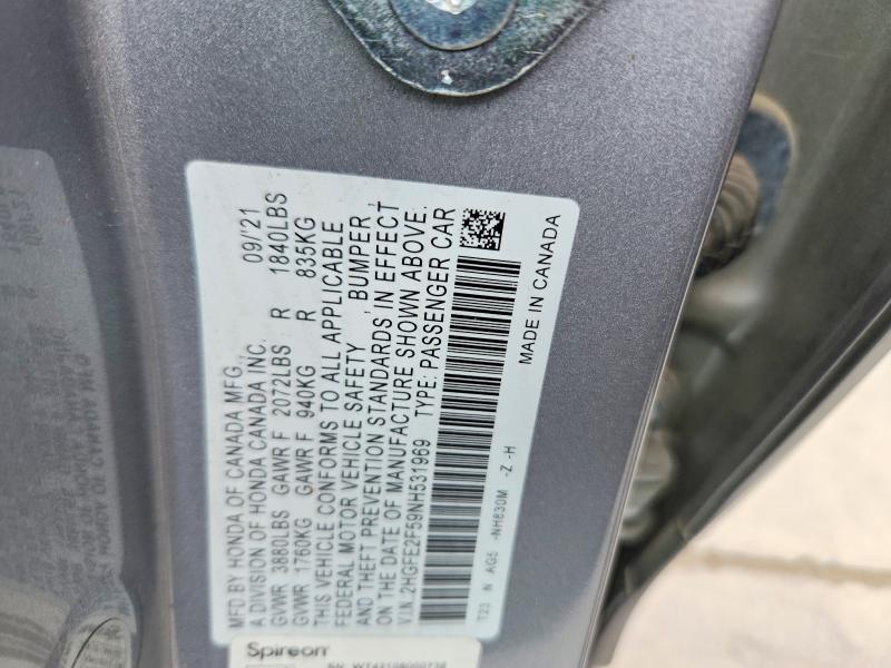 Auction sale of the 2022 Honda Civic, vin: 2HGFE2F59NH531969, lot number: 53117236