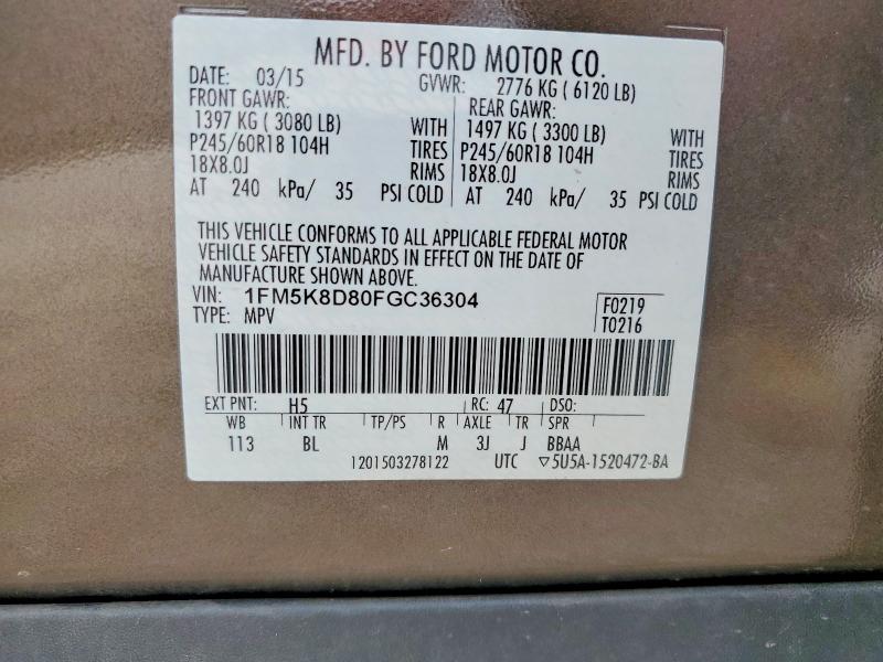 Продажа на аукционе авто 2015 Ford Explorer, vin: 1FM5K8D80FGC36304, номер лота: 52483176