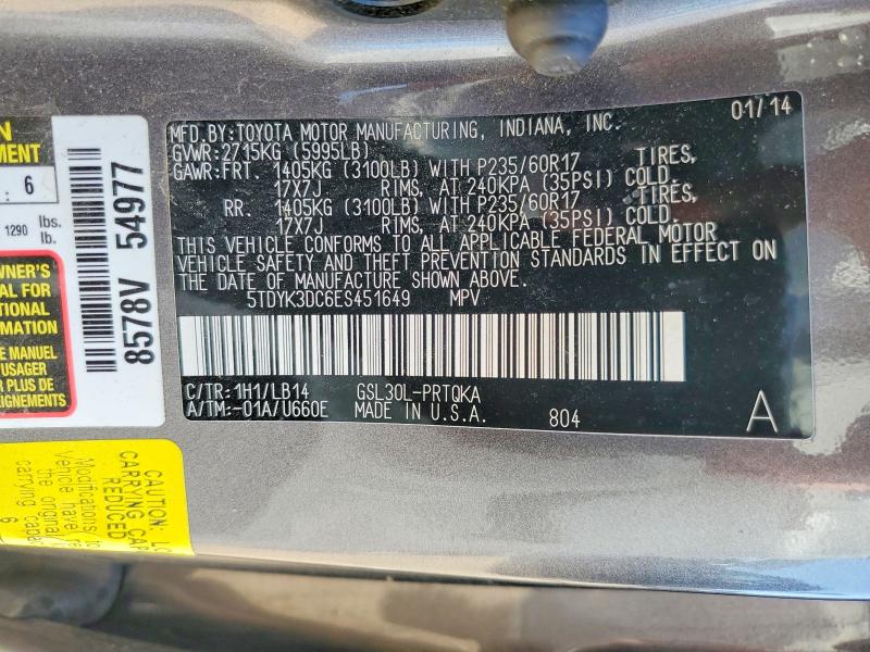 Aukcja sprzedaży 2014 Toyota Sienna, vin: 5TDYK3DC6ES451649, numer aukcji: 52959186