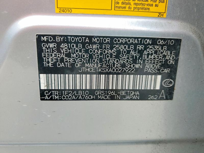 Aukcja sprzedaży 2010 Lexus Gs, vin: JTHCE1KSXA0027922, numer aukcji: 52658936