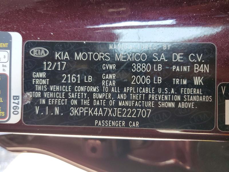 2018 Kia Forte მანქანა იყიდება აუქციონზე, vin: 3KPFK4A7XJE222707, აუქციონის ნომერი: 54212536