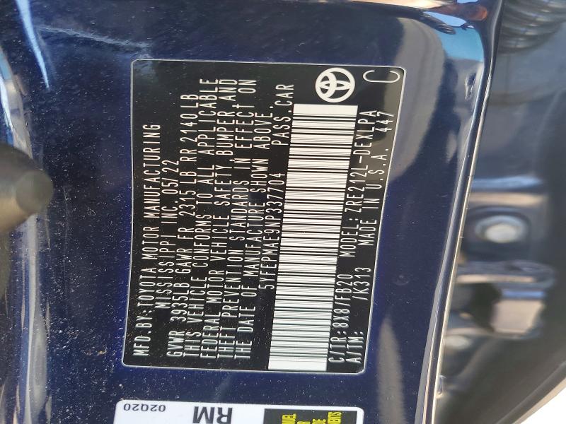 Продажа на аукционе авто 2022 Toyota Corolla, vin: 5YFEPMAE9NP337704, номер лота: 52124766